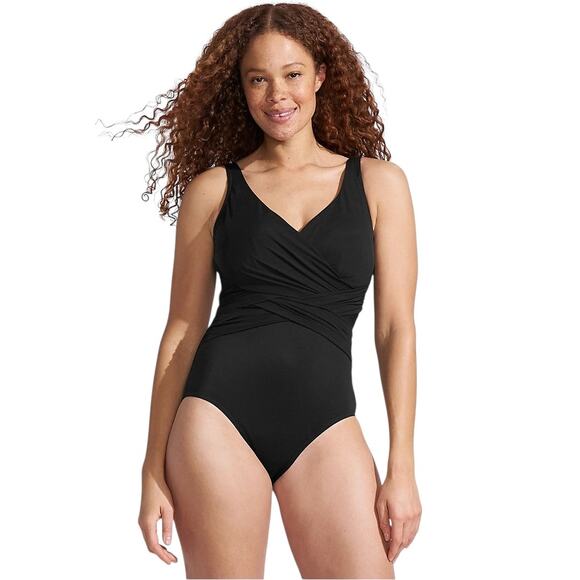 Lands' End Slender Suit Wrap One Piece Slimming Ruching Vacation Black Sz 14 - Picture 2 of 11